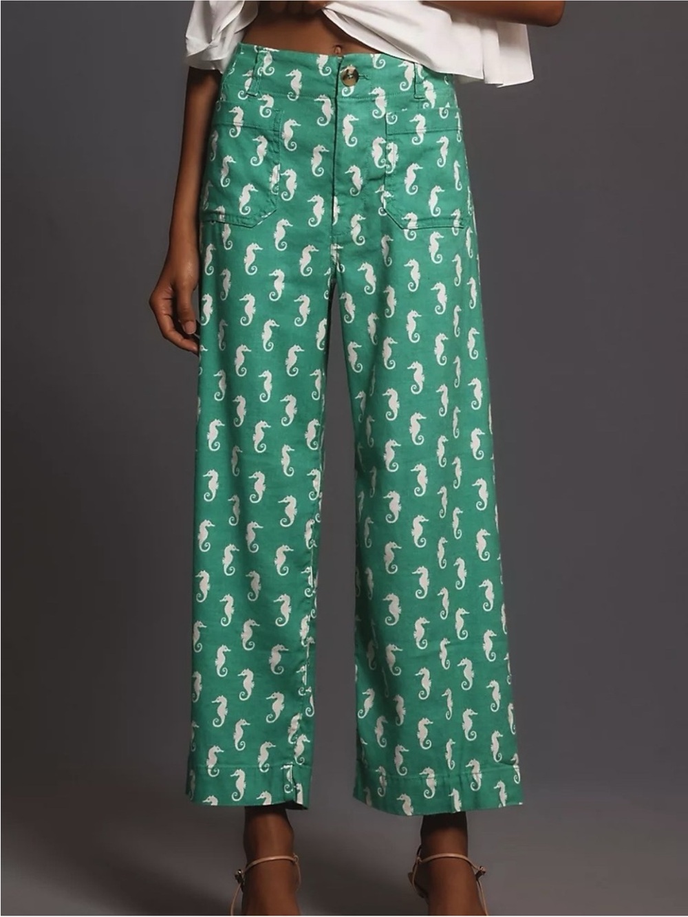 Anthropologie Maeve Colette Green Linen Seahorse Print Pants Size 28